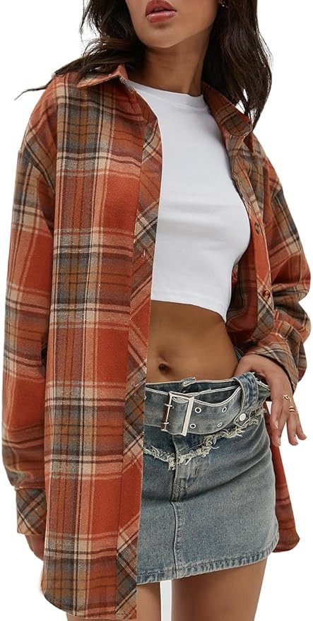 CHYRII Womens Button Down Flannel Shirts Long Sleeve Plaid Shackets Business Casual Blouse Top | Amazon (US)