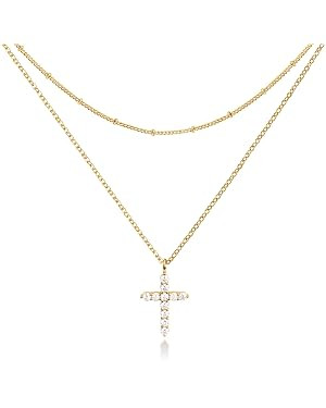 Yowivon Gold Necklaces for Women Trendy Layered Necklace Cross Pearl Letter Pendant Necklaces Dai... | Amazon (US)