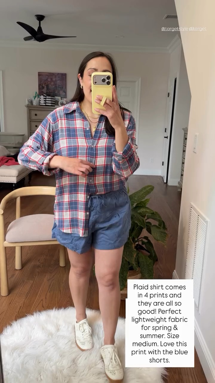 Plaid shirt comes in 4 prints and they are all so good! Perfect lightweight fabric for spring & summer. Size medium. Love this print with the blue shorts.  @targetstyle @target