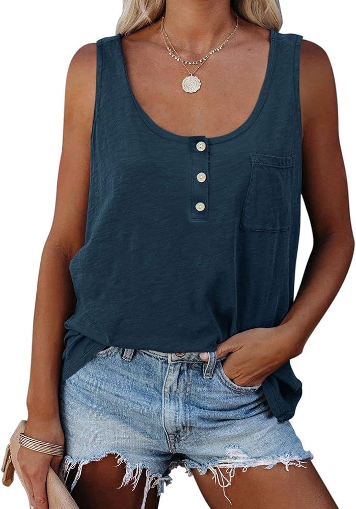 Women's Solid Color Sleeveless Tank Loose Fit Top Scoop Neck Button Up Tee Shirt with Pocket Tuni... | Amazon (US)