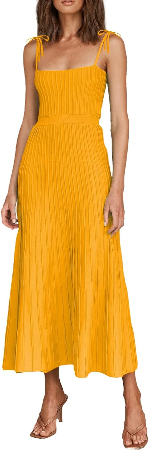 ARTFREE Womens Ribbed Knit Summer Maxi Dresses Tie Straps Square Neck Party Long Dress | Amazon (US)