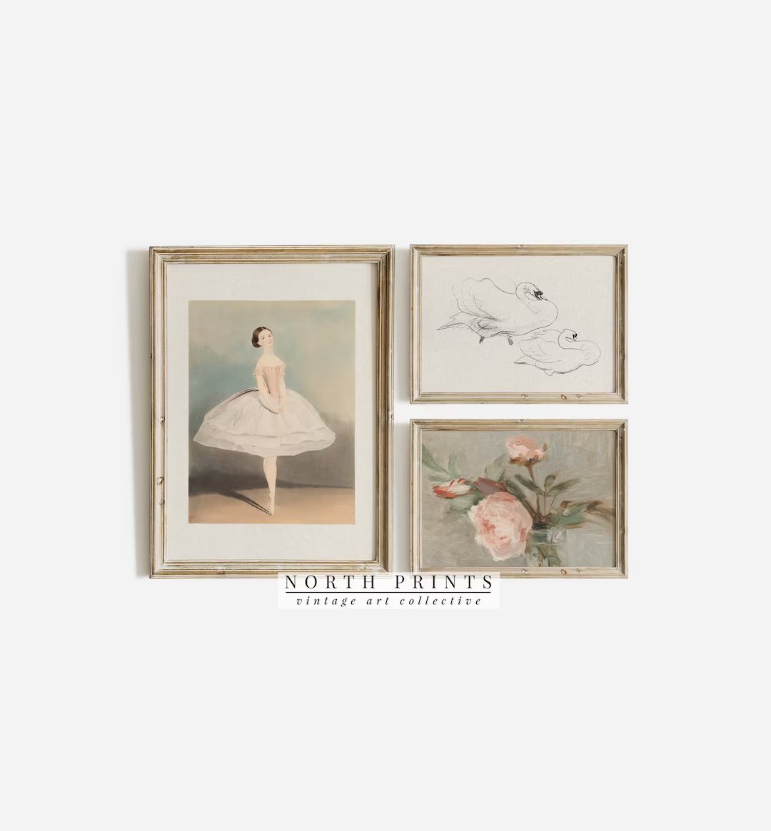 Girls Room Vintage Art Print SET of THREE Swan Sketch Ballerina Botanical Painting North Prints P... | Etsy (US)