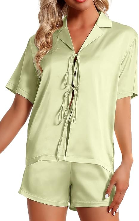 CHYRII Women's Silk Satin Pajamas Sets Tie Front Short Sleeve Tops and Shorts Two Piece Pj Sets S... | Amazon (US)