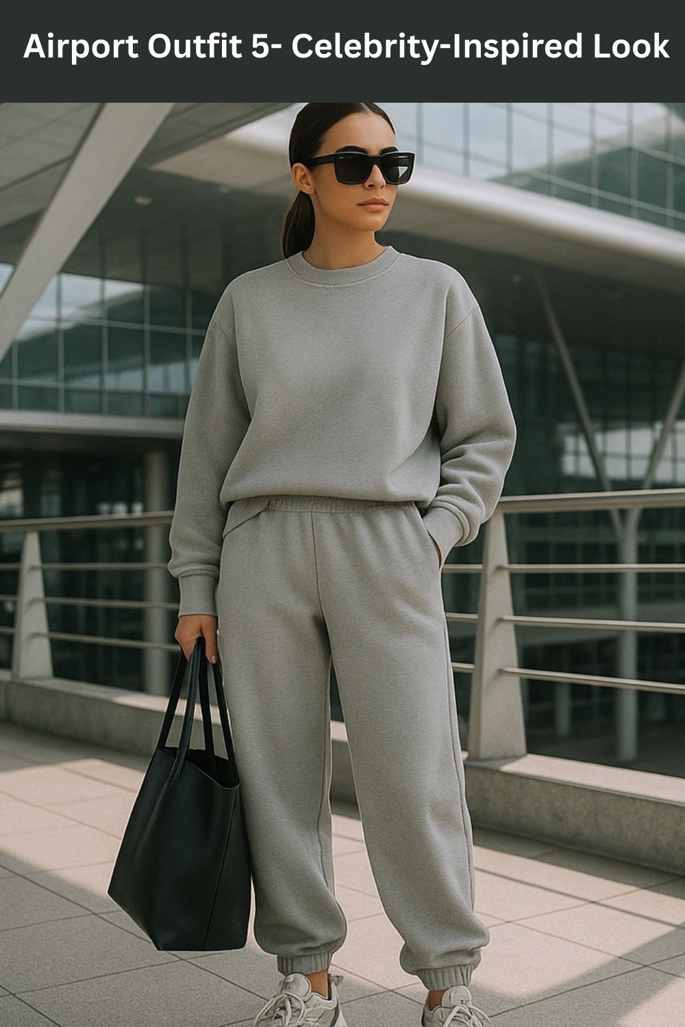 Off-duty style made easy with this celeb-inspired airport look. A monochrome grey sweatshirt and joggers set paired with chunky white sneakers keeps it comfy yet chic. Add oversized sunglasses and a sleek black tote for that effortless cool-girl vibe. 
#airportstyle #athleisureoutfit #celebritylook

#LTKTravel