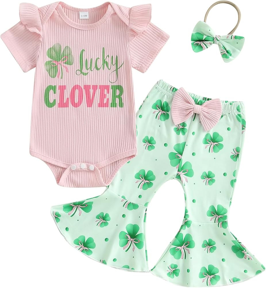 Karuedoo Newborn Baby Girl St Patricks Day Outfit Short Sleeve Daddy's Lucky Charm Romper Clover ... | Amazon (US)