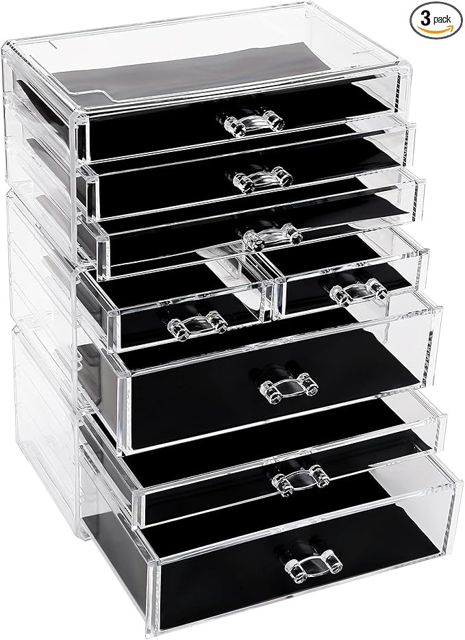 Sea Team 3-Tier Stackable Clear Makeup Organizer with Drawers, Acrylic Plastic Cosmetic Display C... | Amazon (US)