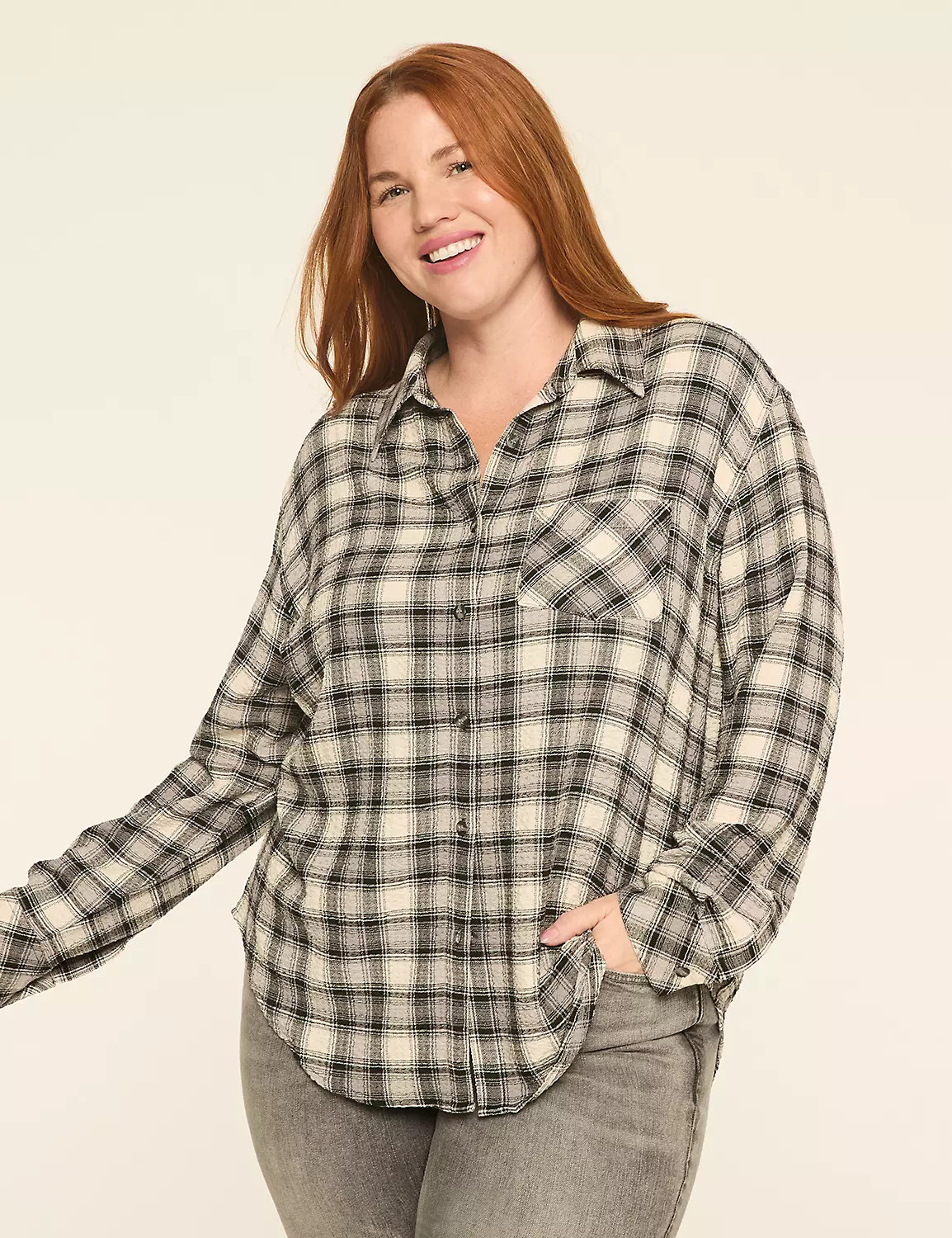 Crinkle Plaid Button-Down Shirt | LaneBryant | Lane Bryant (US)