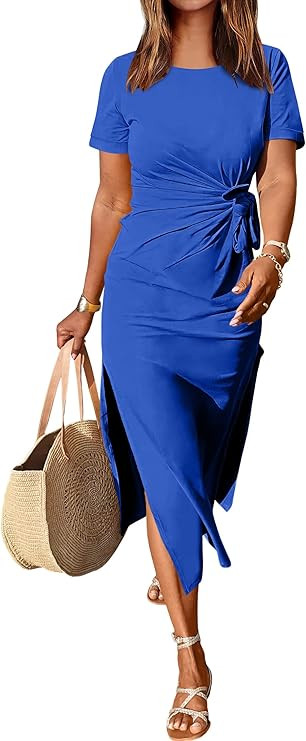 ANRABESS Women’s 2024 Summer Short Sleeve Crewneck T Shirt Maxi Dress Tie Waist Casual Slim Fit... | Amazon (US)
