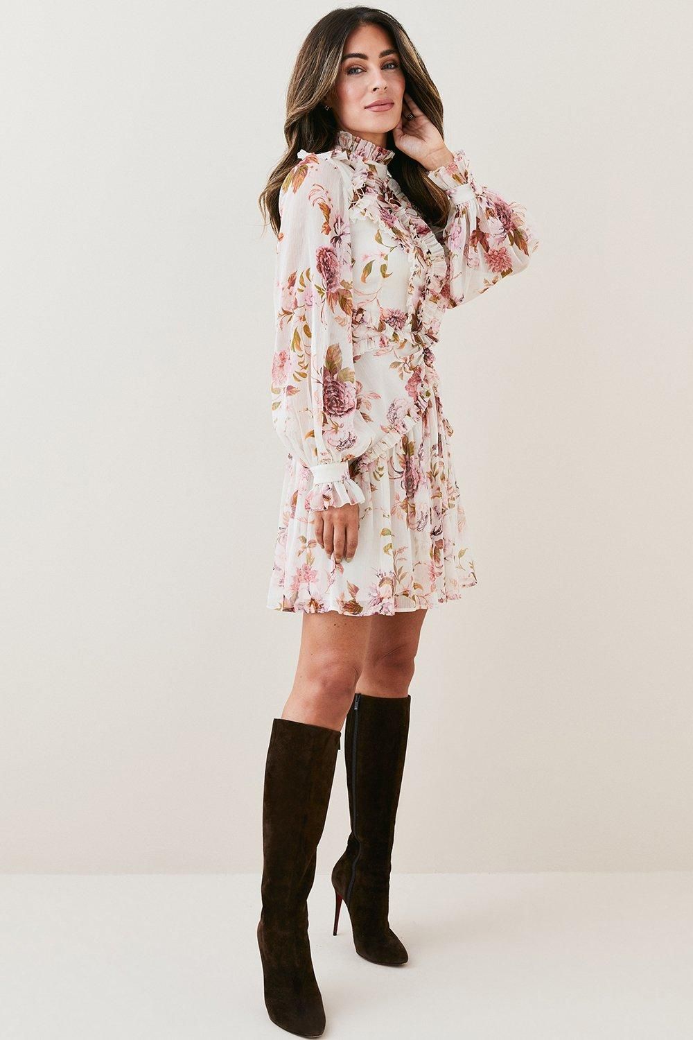 Lydia Millen Floral Ruffle Chiffon Mini Dress | Karen Millen US