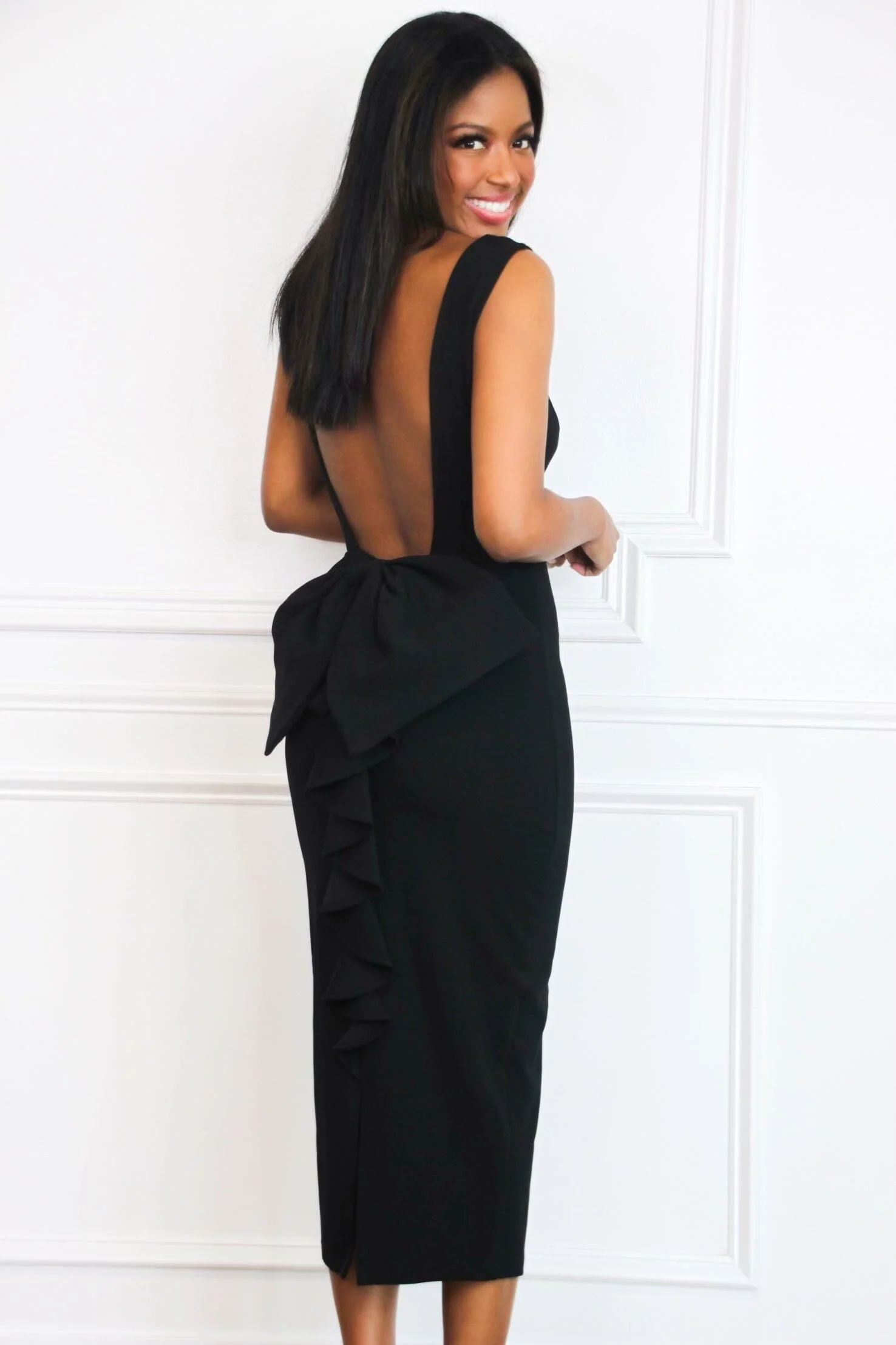 Sawyer Open Back Bow Midi Dress: Black | Bella and Bloom Boutique