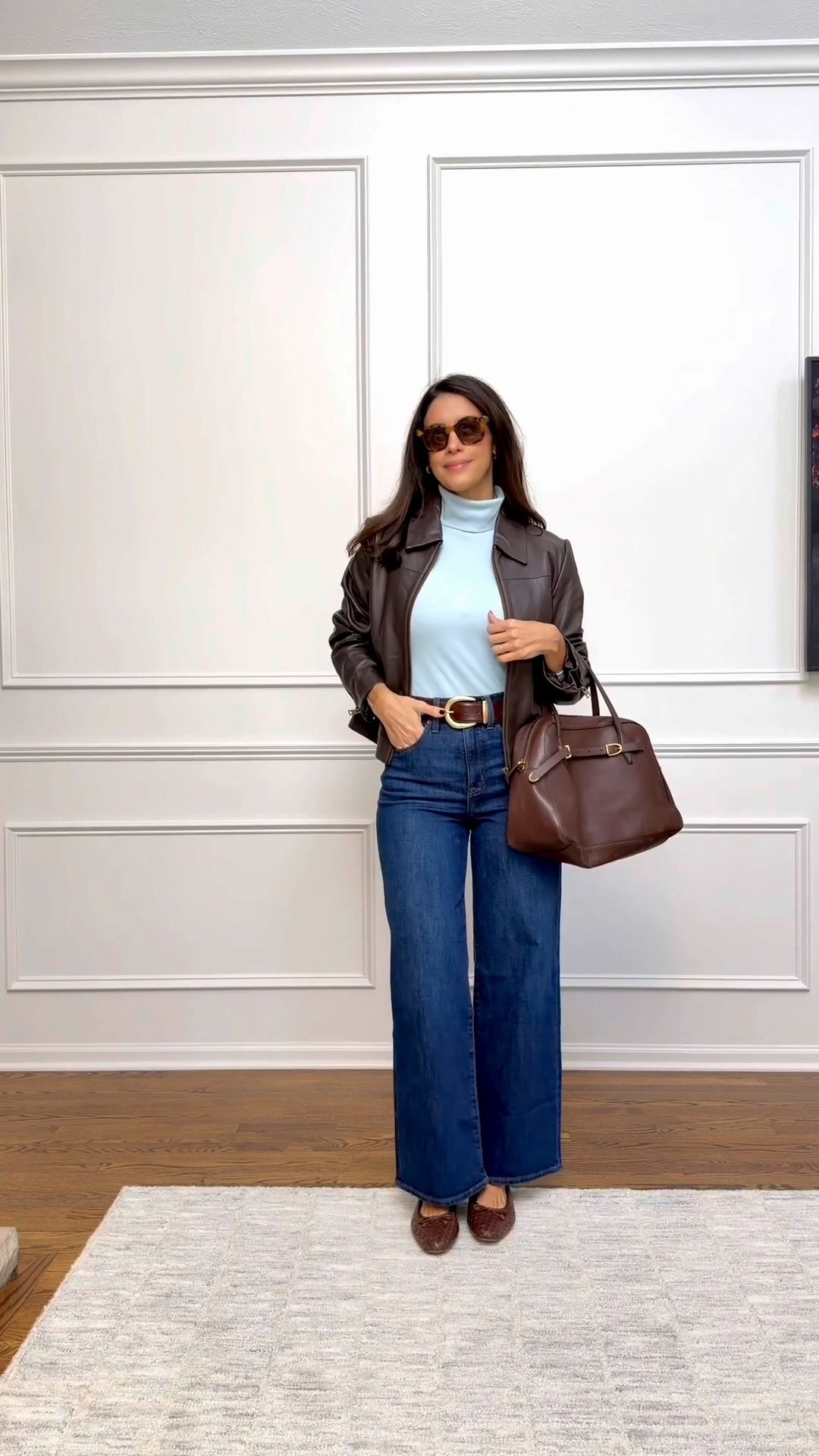Day 11 of Fall outfits 
Love this blue and brown look!
Jeans are tts and I'm wearing a size 27
Turtleneck is so good and made of organic cotton, I'm wearing a size 4
Leather jacket I sized up one - wearing a medium
Belt size 85
Flats run TTS