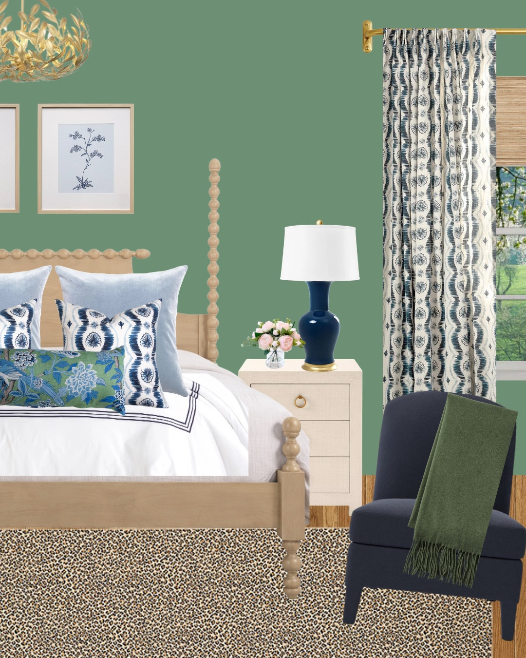 Green walls + layered blues forever 💚✨

This bedroom blends tailored classics with playful pattern — spindle bed, blue & white block print, chinoiserie lumbar, bamboo shades with pleated drapery, and a leopard rug to ground it all. Timeless… with a wink.

#bedroomdesign #traditionalbedroom #blueandwhite #greenwalls #southernstyle #chinoiserie #patternmixing #leopardrug #layeredhome #ltkhome

#LTKHome #LTKOver40 #LTKSaleAlert