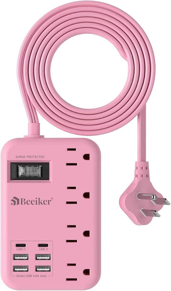 6 USB(2 USB C) Pink Extension Cord- 5Ft Travel Power Strip with 24W USB Charging Station and 4 Ou... | Amazon (US)