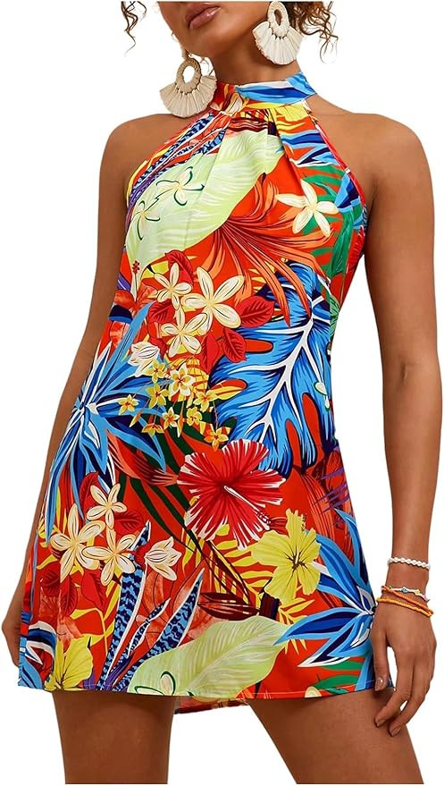 Floerns Women's Sleeveless Floral Print Sundress Halter Neck A Line Short Dress | Amazon (US)
