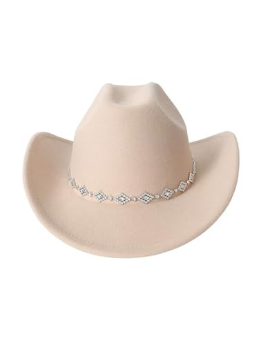 Verdusa Women's Western Cowboy Hat Rhinestone Wide Brim 2026 Cowgirl Hat Beige One Size | Amazon (US)