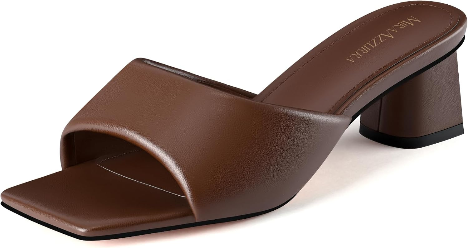 MIRAAZZURRA Heel Mules for Woman Square Open Toe Chunky Block Short Low Heel Slip on Heeled Sandals Casual Comfort Party Shoes | Amazon (US)