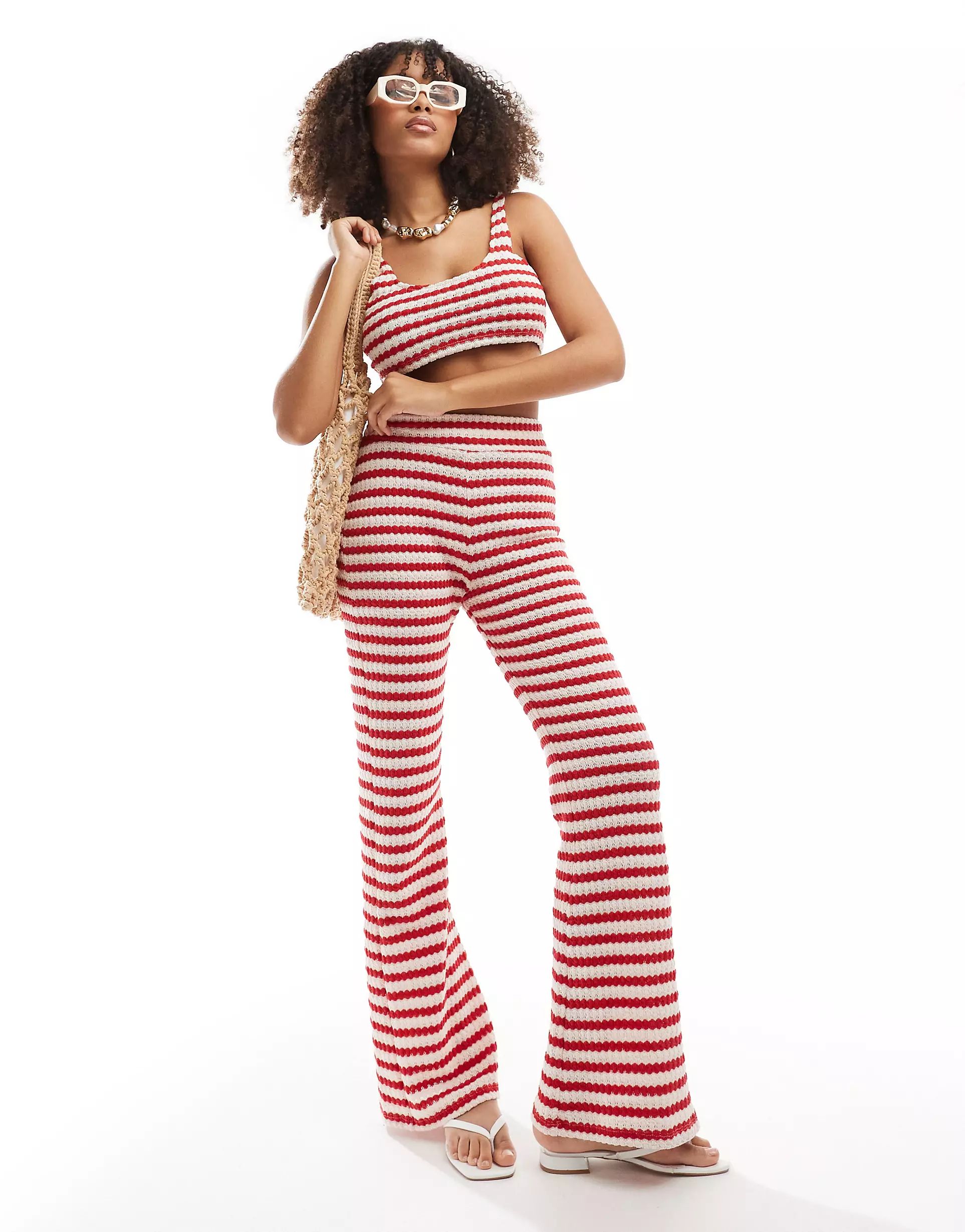 ASOS DESIGN co-ord crochet texture stripe slim wide leg trouser in red and white | ASOS (Global)