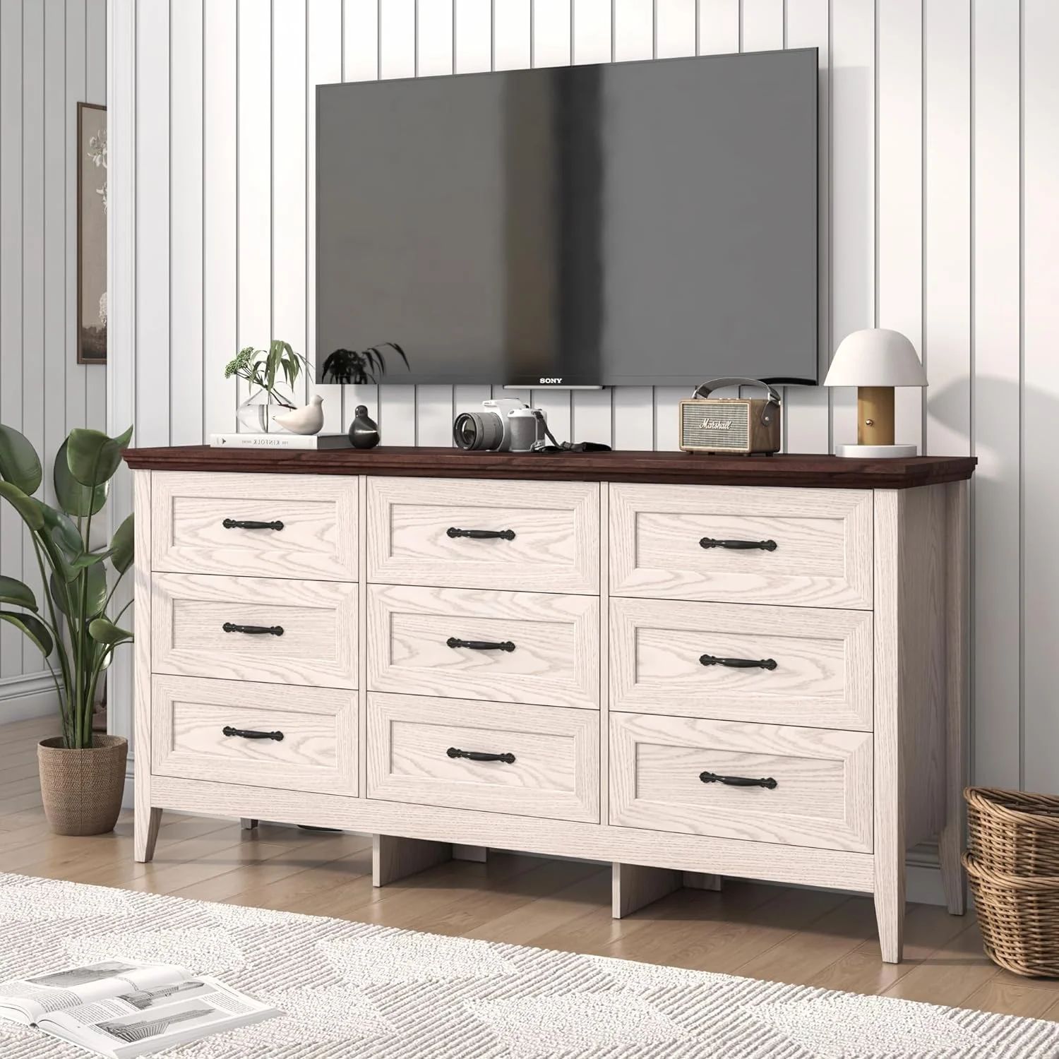 ANPOO 9 drawer dresser for Bedroom, Farmhouse Long Dresser with Charging Station and Antique Hand... | Walmart (US)