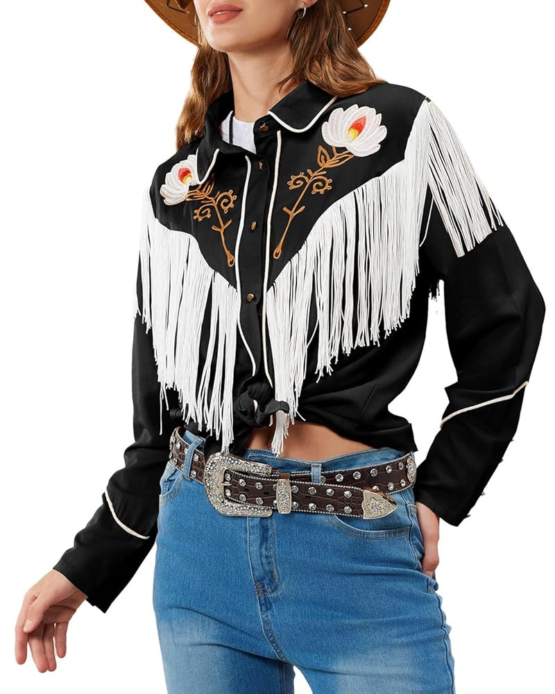 JOHN MOON Women's Floral Embroidered Fringe Western Shirts Rodeo Cowgirl Button Down Blouse Tops ... | Amazon (US)