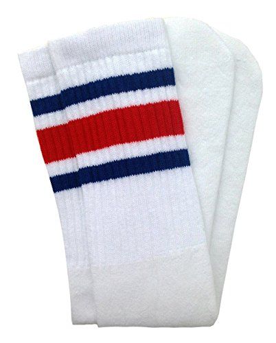 Skater Socks 19" Mid calf White tube socks with Royal Blue-Red stripes style 3 | Amazon (US)