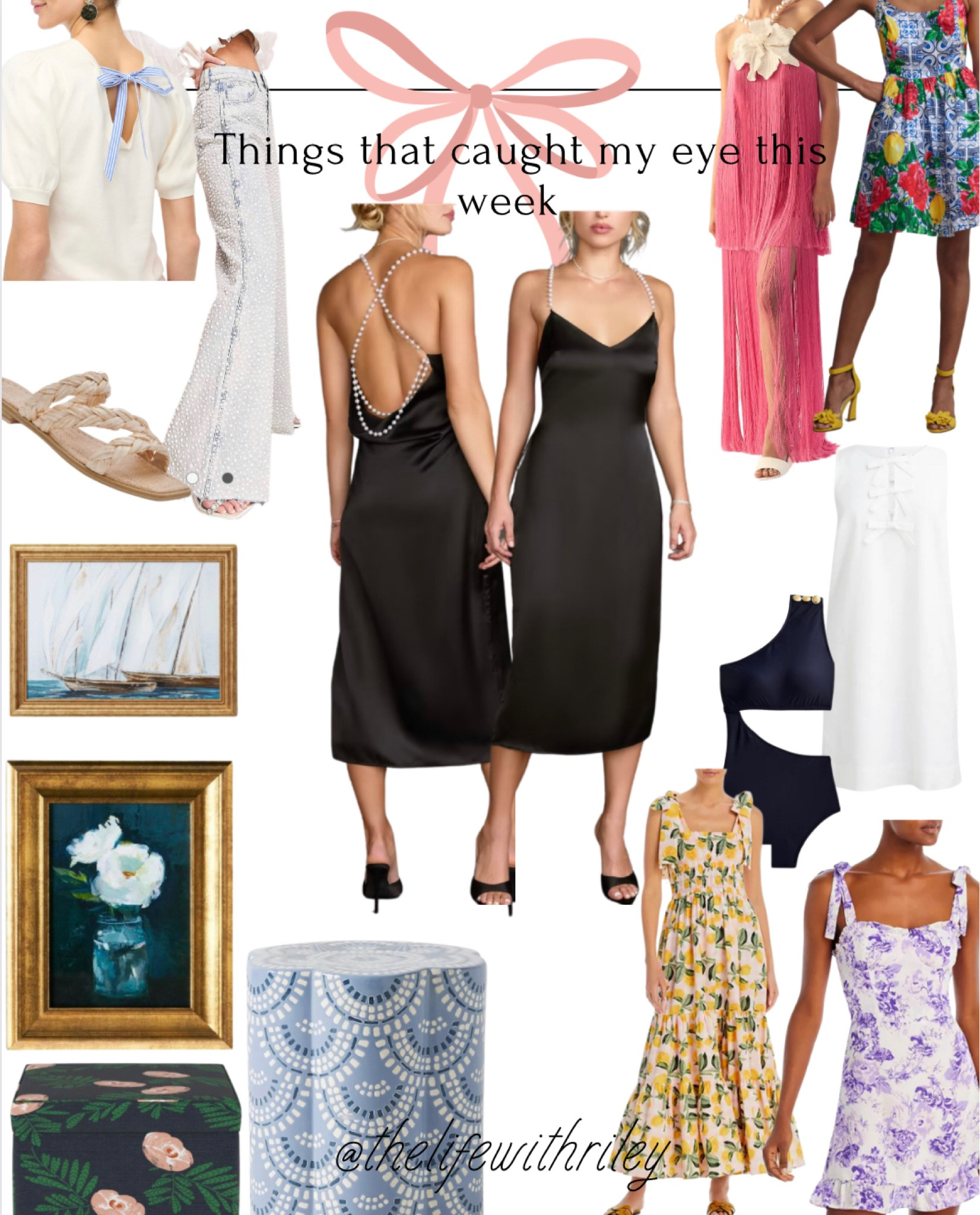Pretty things that caught me eye this week 

Little black dress with pearls 
Fringe dress 
Lemon print dress
Purple dress
Linen white dress with bows 
Navy swimwear 
Pearl jeans 
Tie back sweater 
Wall art 
Floral storage ottoman 
Blue ceramic side table 

#LTKhome #LTKFind #LTKstyletip
