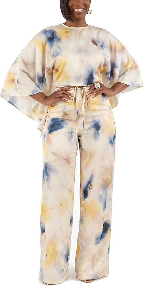KEYUFANG Womens 2 Piece Outfit Floral Print Batwing Sleeve Back V Neck Top with Loose Wide Leg Pa... | Amazon (US)