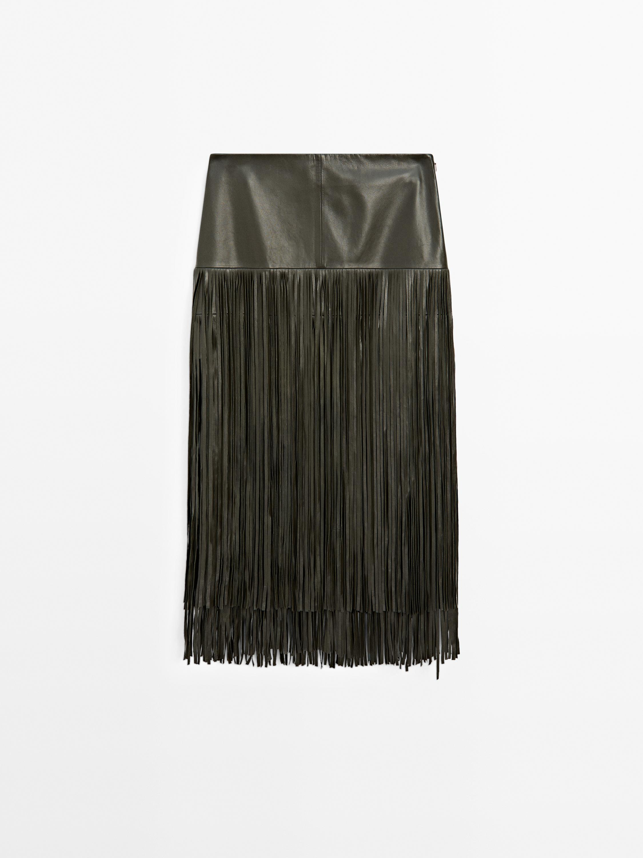 Nappa leather midi skirt with fringing - STUDIO | Massimo Dutti UK