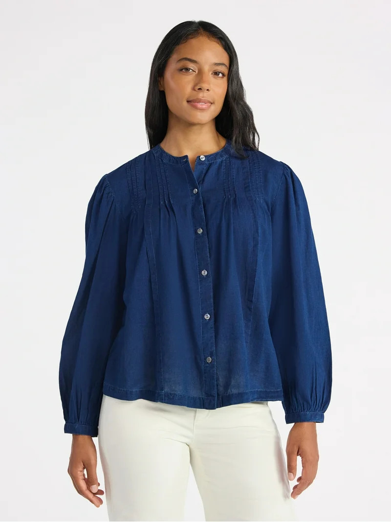 Time and Tru Women's Pintuck Blouse with Long Sleeves, Sizes XS-XXXL | Walmart (US)