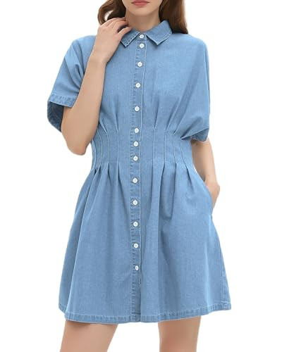 Women's Denim Dress Lapel V Neck Slim Fit Mini Jean Dress Button Down A-Line Short Dresses Blue | Amazon (US)