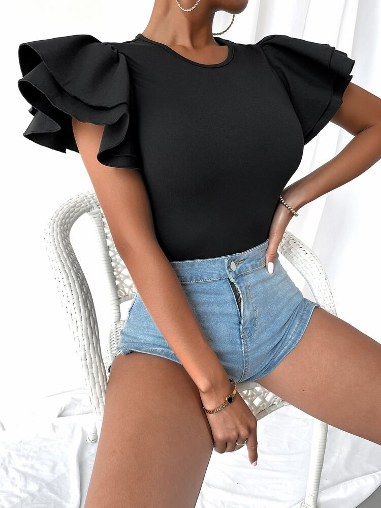 Solid Butterfly Sleeve Tee | SHEIN