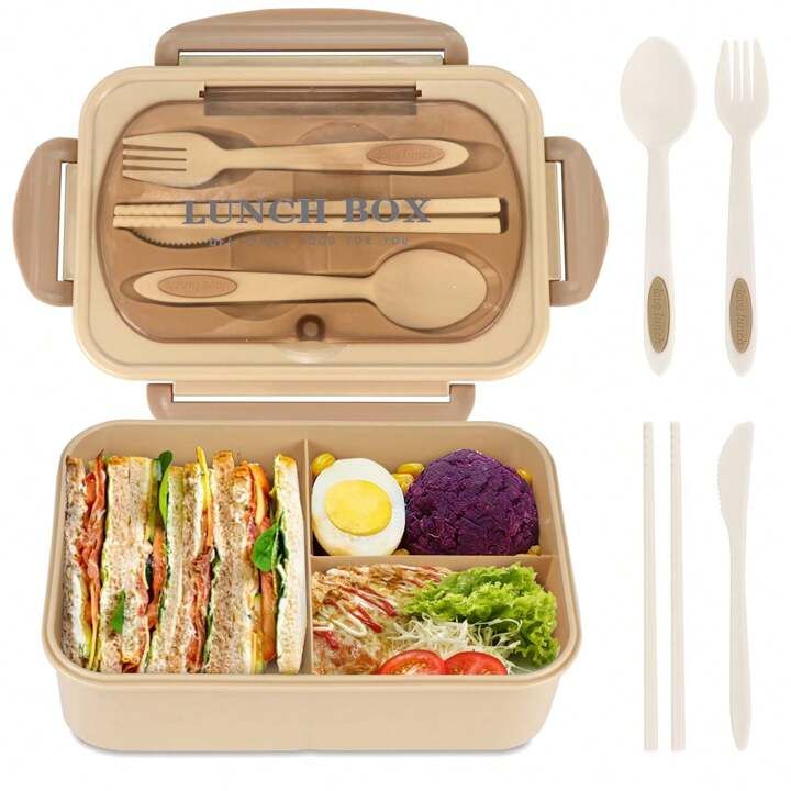 1pc Adult Bento Box, 1200ml Lunch Container With Utensils, Leakproof 3-Compartment Lunch Box (Kha... | SHEIN