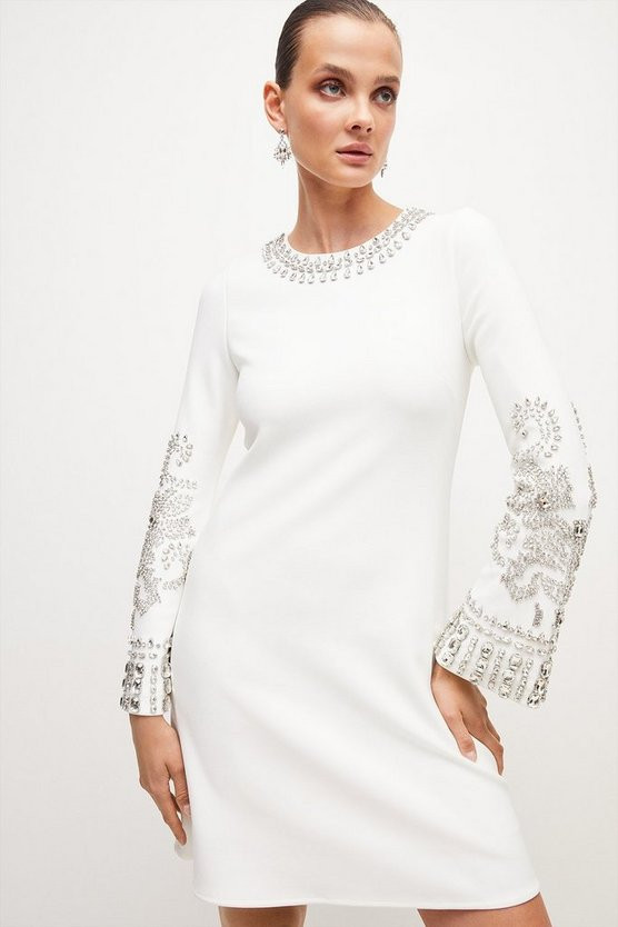 Embellished Detail Figure Form Crepe Mini Dress | Karen Millen US