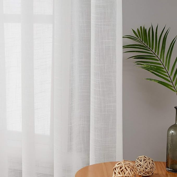 Melodieux Sheer White Curtains 84 Inches Long for Bedroom Living Room, Cotton Slub Cross Textured... | Amazon (US)