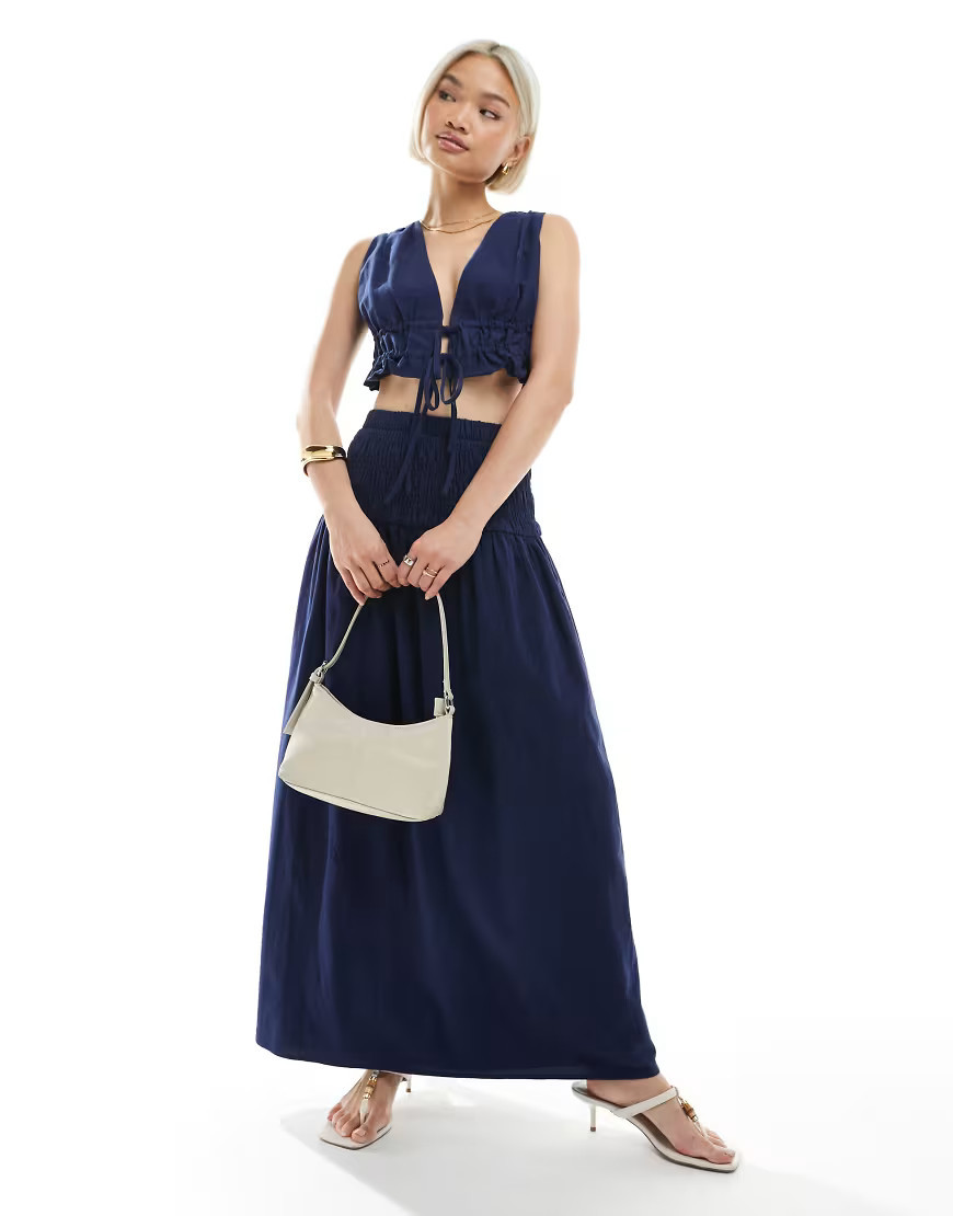 4th & Reckless linen look dropped waist maxi skirt co-ord in navy | ASOS (Global)
