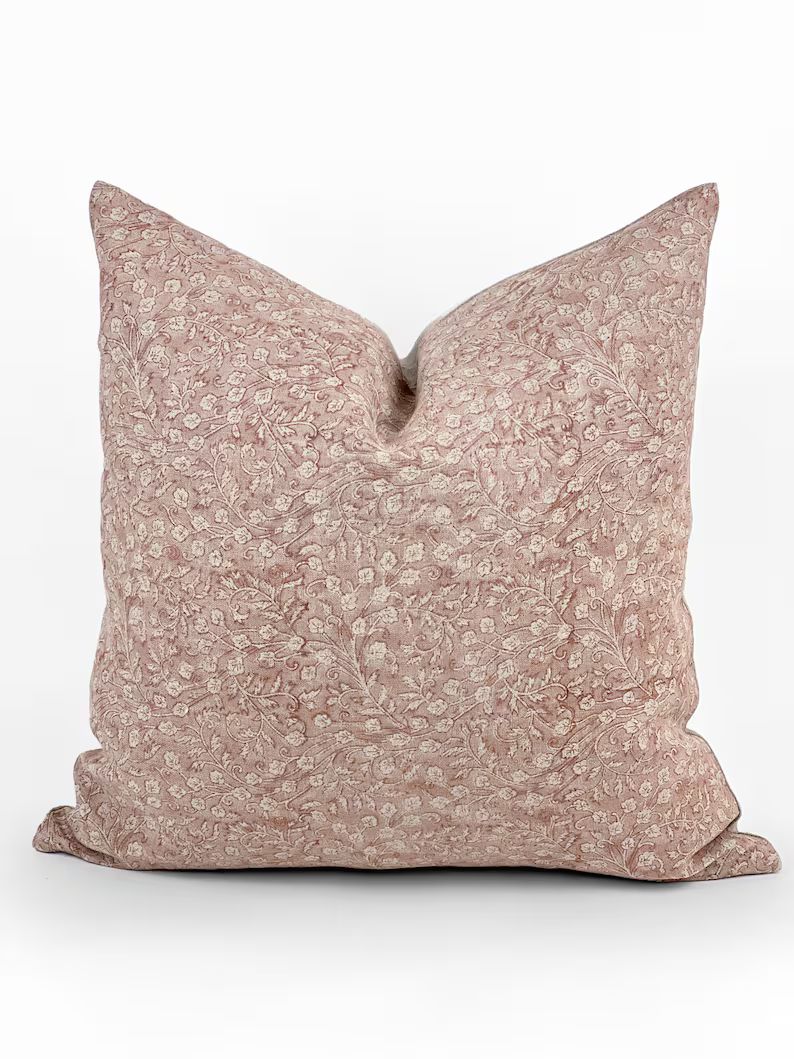 ROSEMARY | Designer Blush Floral Linen Pillow Cover, Block Print Pillow, Blush Floral Pillow, Lig... | Etsy (US)