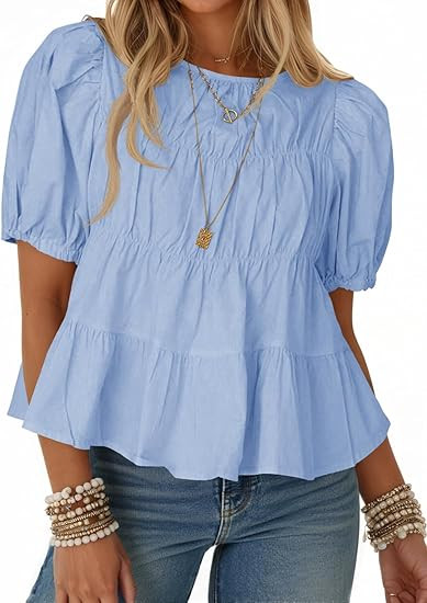 Tankaneo Womens Puff Sleeve Peplum Babydoll Tops Summer Flowy Pleated Cotton T-Shirts Casual Loos... | Amazon (US)