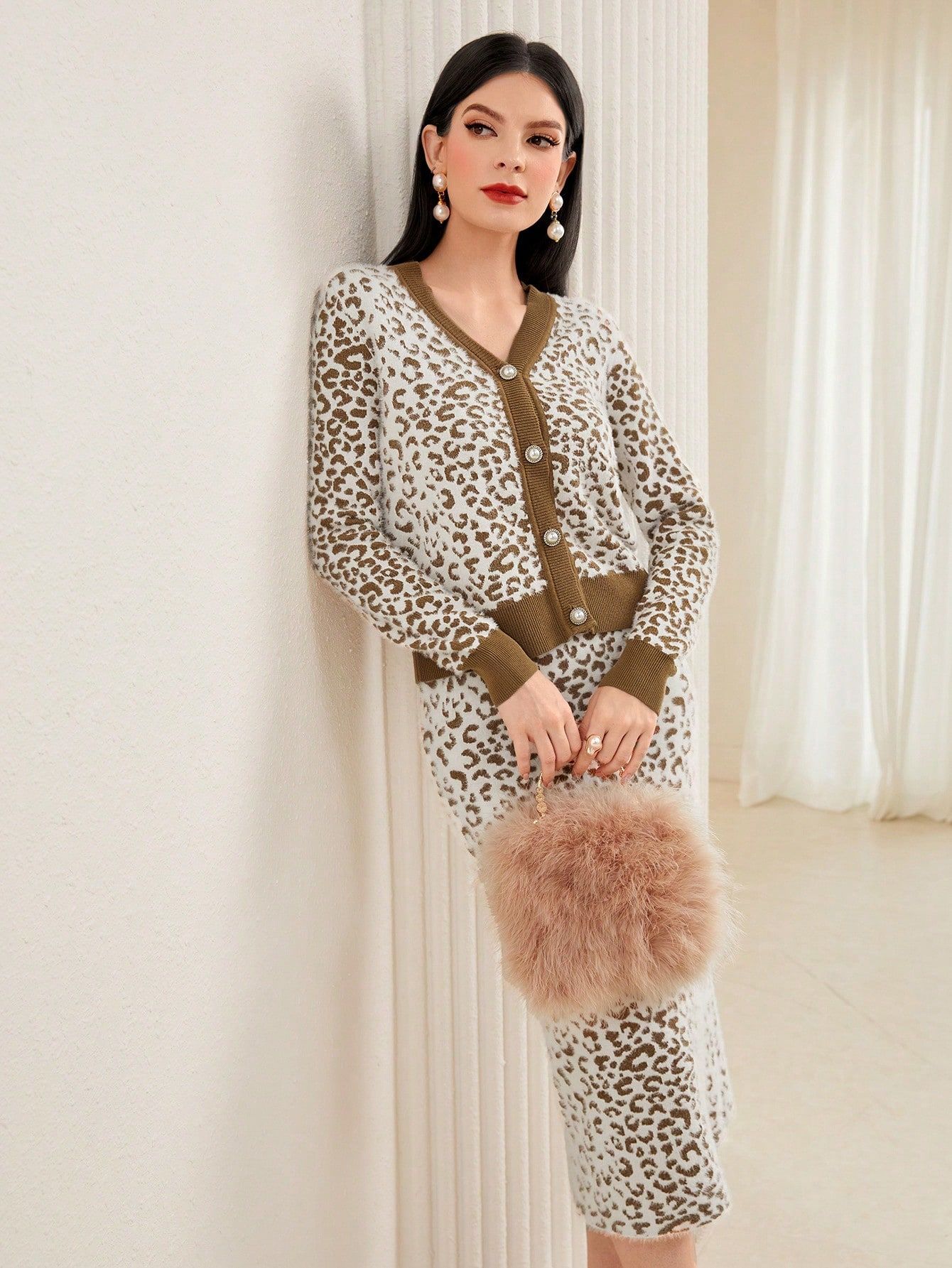 SHEIN Modely Leopard Pattern Cardigan & Knit Skirt | SHEIN
