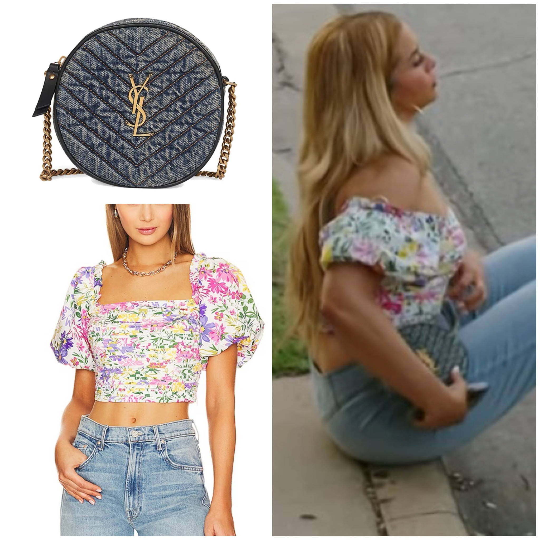 Robyn Dixon’s Floral Off the Shoulder Top and Circle Denim Bag
