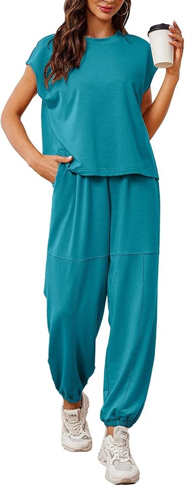 Glamaker Women's 2 Piece Outfits Fashion Sleeveless Crewneck Sweatsuits Loose Fit Top High Waist ... | Amazon (US)