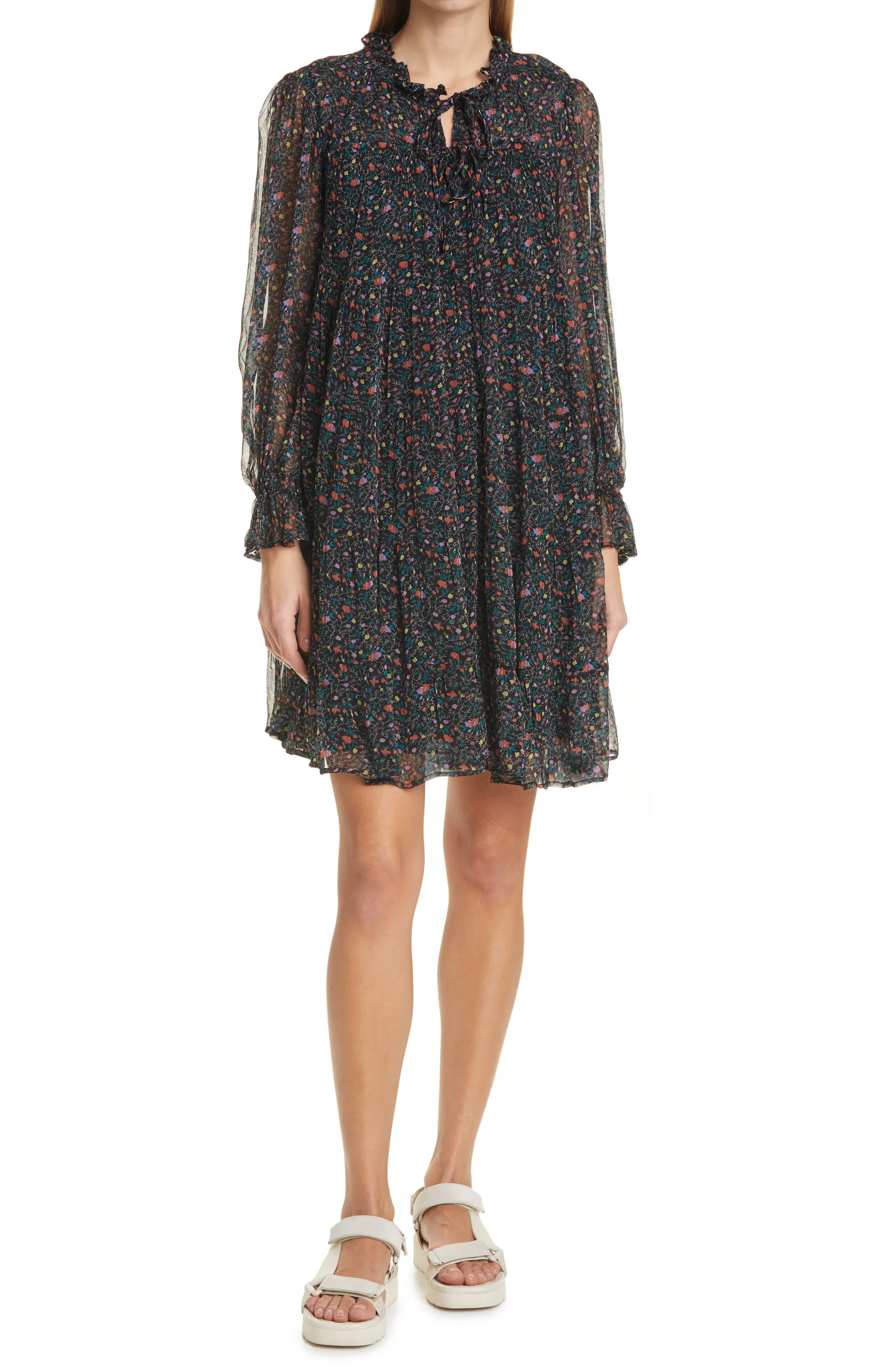 Women's Sea Bennet Floral Print Long Sleeve Tunic Dress, Size Medium - Black | Nordstrom