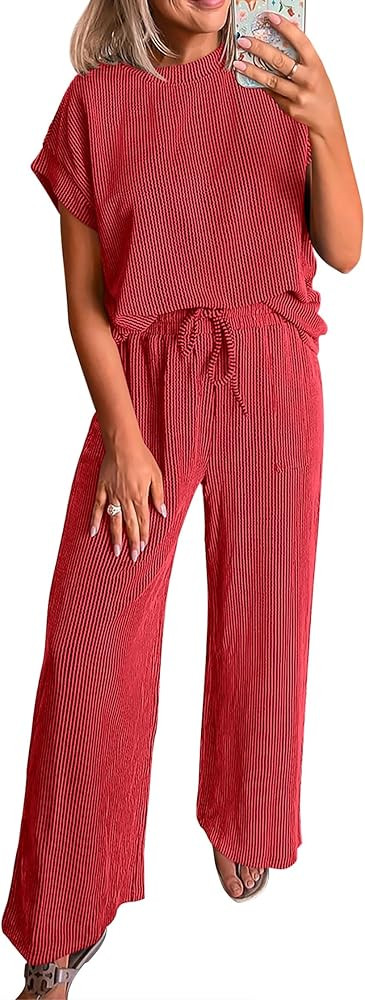 KIRUNDO 2 Piece Sets for Women Dressy Casual Ribbed Knit Short Sleeve Tops Wide Leg Pants Lounge ... | Amazon (US)