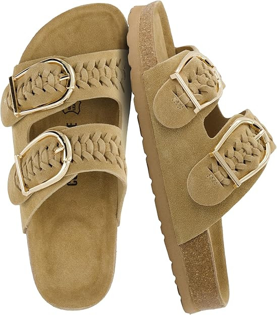 CUSHIONAIRE Cashew Slip On Womens Sandals, Genuine Suede Leather Braided Double Strap Slide On Sa... | Amazon (US)
