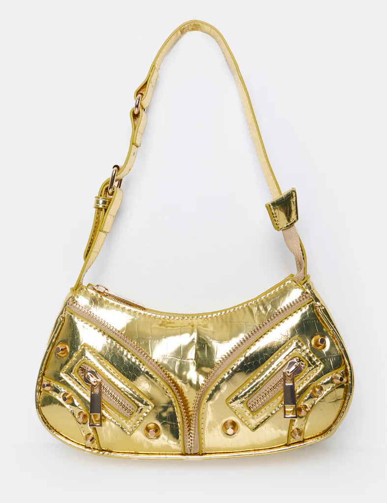 The Candice Zip Detailed Gold Croc Shoulder Bag | Public Desire
