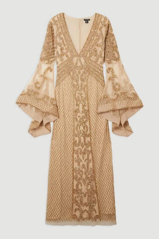 Embellished Kimono Sleeve Beaded Woven Maxi Dress | Karen Millen | Karen Millen UK + IE + DE + NL