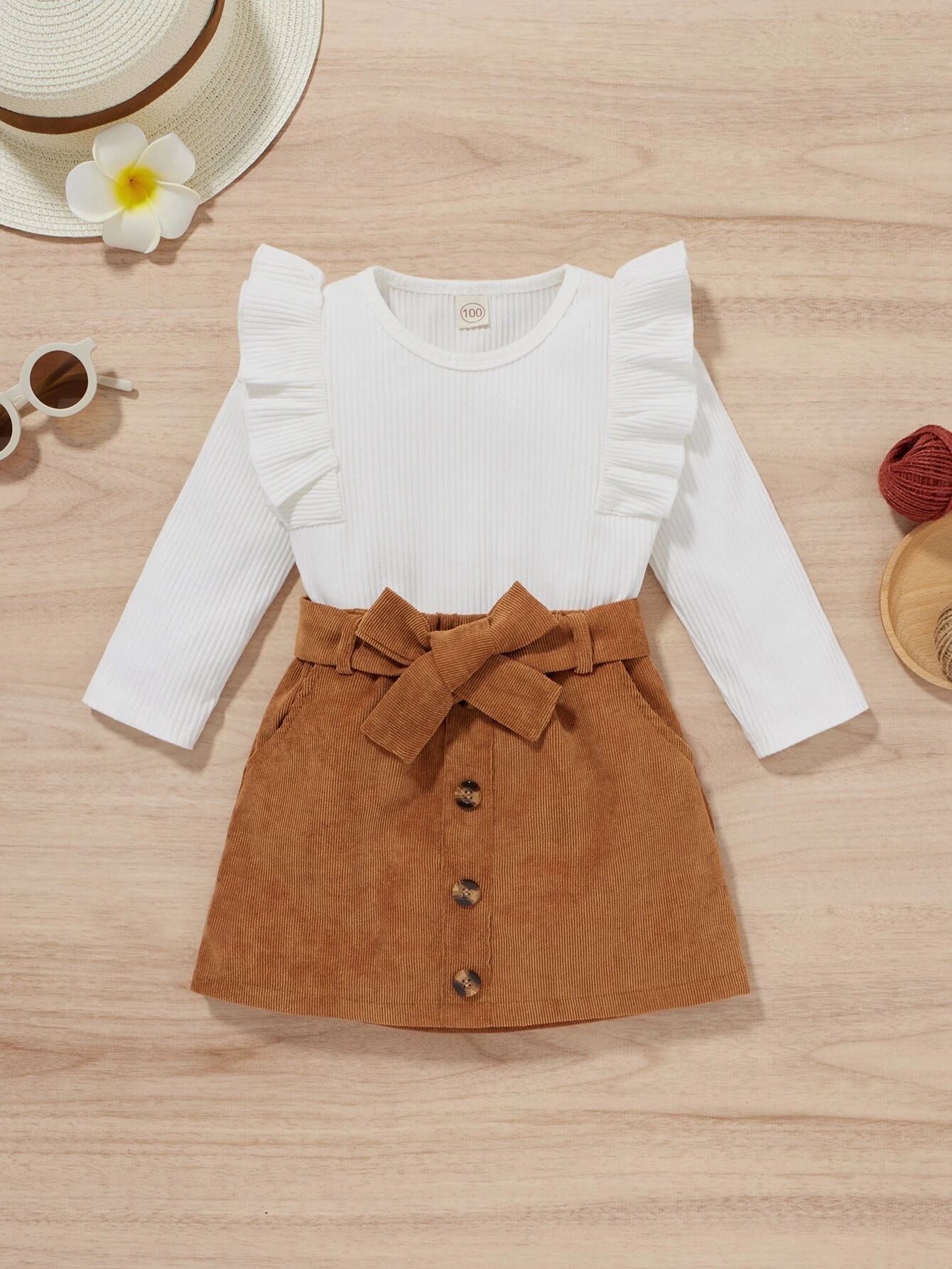 Toddler Girls Ribbed Knit Ruffle Trim Top & Belted Skirt | SHEIN