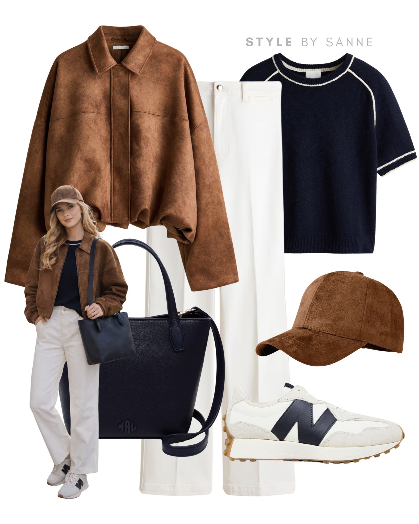 A rich brown jacket layered over a navy knit and crisp white trousers creates a clean, balanced look. Finished with neutral sneakers, a suede cap and a structured tote for effortless everyday style.🤎💙

#LTKworkwear #LTKstyletip #LTKspring