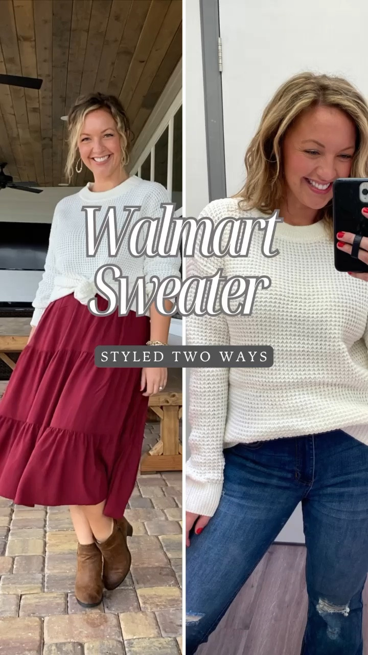 Viral Walmart Sweater styled two ways! I added the $10 sweater over my favorite Walmart Dress to give it a new look and then styled more casually with these amazing distressed flare jeans ! I love how this sweater can be dresses up or down and comes in several colors!   I am wearing size Medium in the sweater , sized down to a size small in the dress and sized up to size 11 in the jeans(juniors sizing)

#walmartpartner 
#walmartfashion
#walmart
Viral Walmart sweater dupe midsize fashion size 8 fashion budget affordable fashion mom outfits Walmart style mom outfit over 30 fashion

#LTKVideo #LTKmidsize #LTKfindsunder50