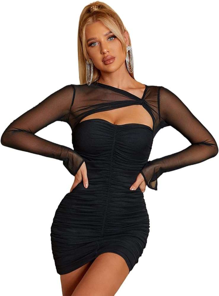 HTZMO Women's Long Sleeve Cut Out Mini Dress Sheer Mesh Ruched Bodycon Sexy Party Dresses | Amazon (US)