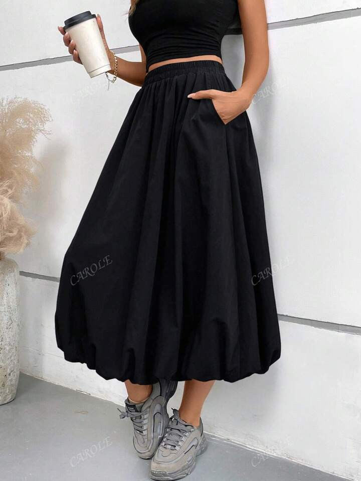 Women's Bubble Skirt Elastic Waist With Pockets Solid A-Line Long Skirts | SHEIN