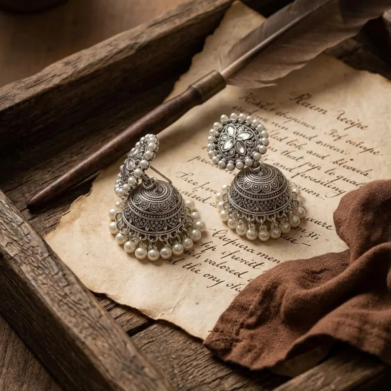 Antique Silver White Jhumka Earrings Teardrop Pearl Rhinestone Bollywood Middle Eastern Statement... | Etsy (Global)